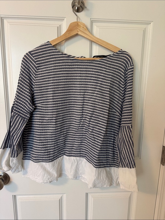 Doe & Rae Tops - Striped Navy and White Boatneck Tunic with Ruffle Hem